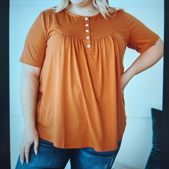 057. Orange Black Buttons Ruched O Neck Short Sleeve Plus Size Top  Size 4X - Picture 4 of 16